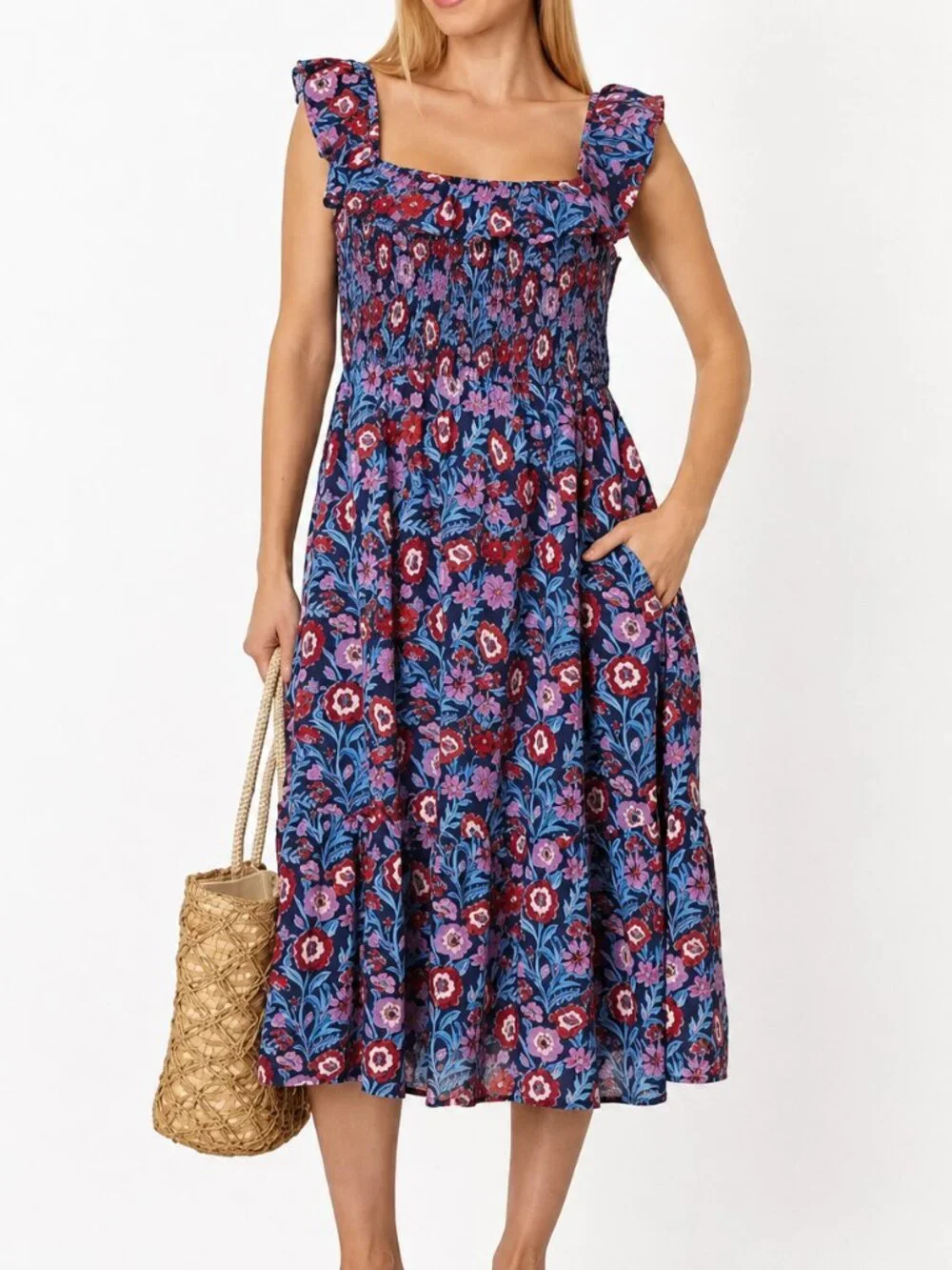 Vineyard Vines Tisbury Floral Smocked Midi Dress XS Pockets - Picture 3 of 7